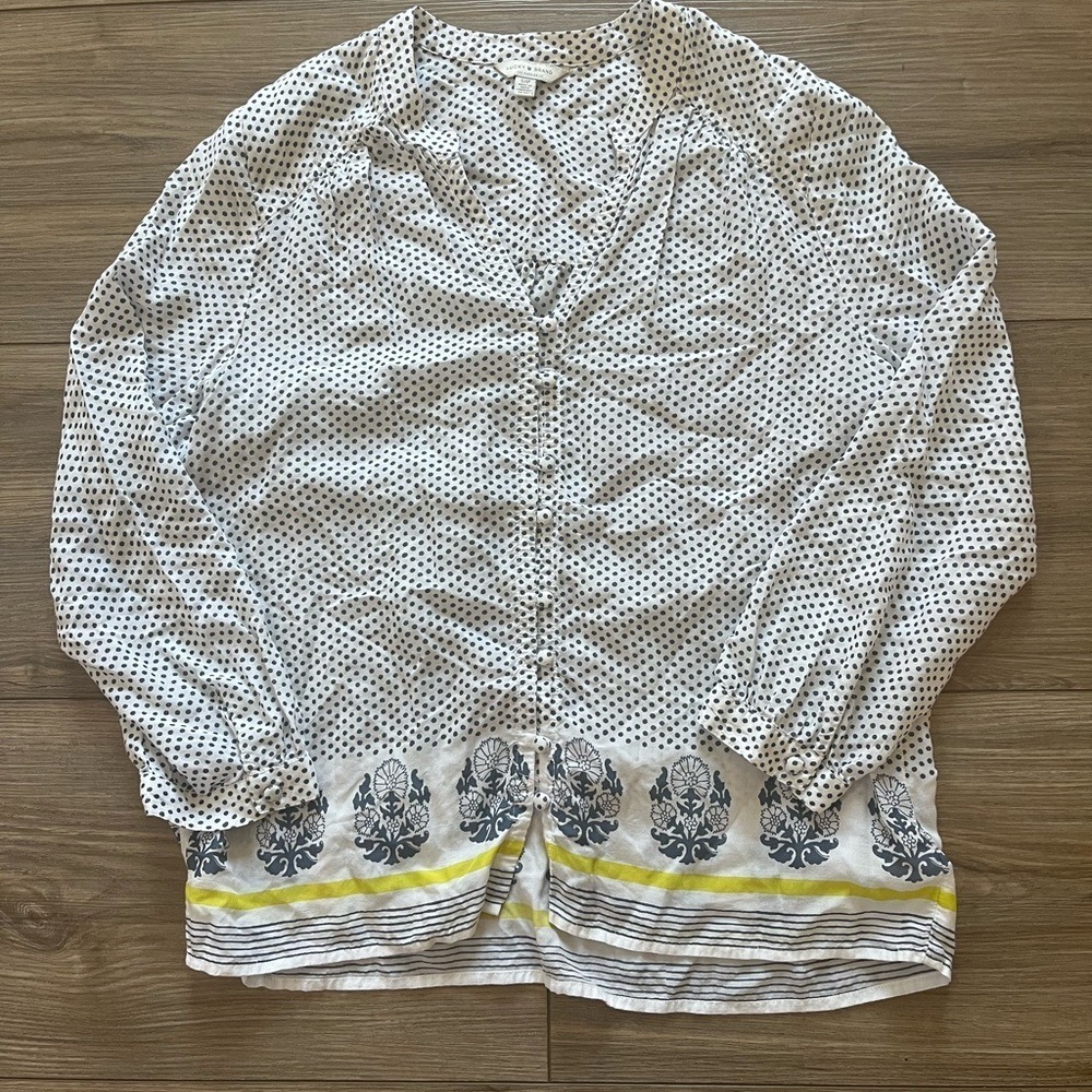 Lucky Brand Polka Dot Floral Border Button Down Top White Blue Yellow Small - Picture 3 of 5